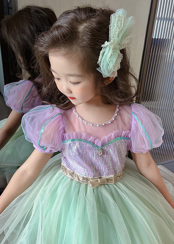 Unique Colorblock Embroideried Patchwork Tulle Kids Long Dresses Summer