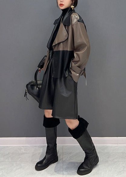 Unique Colorblock Notched Patchwork Faux Leather Coat Spring
