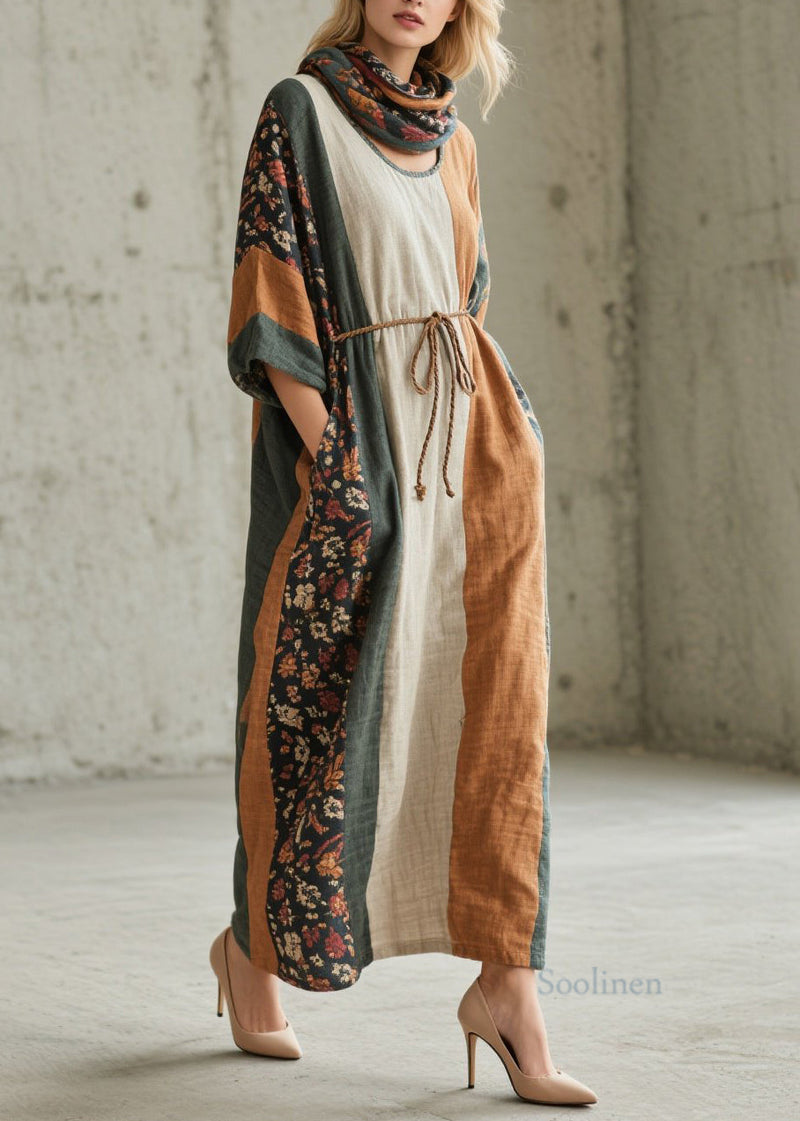 Unique Colorblock O Neck Print Cotton Long Dress Fall