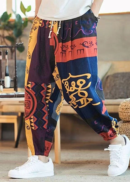 Unique Colorblock Print Lace Up Elastic Waist Cotton Beam Pants Summer
