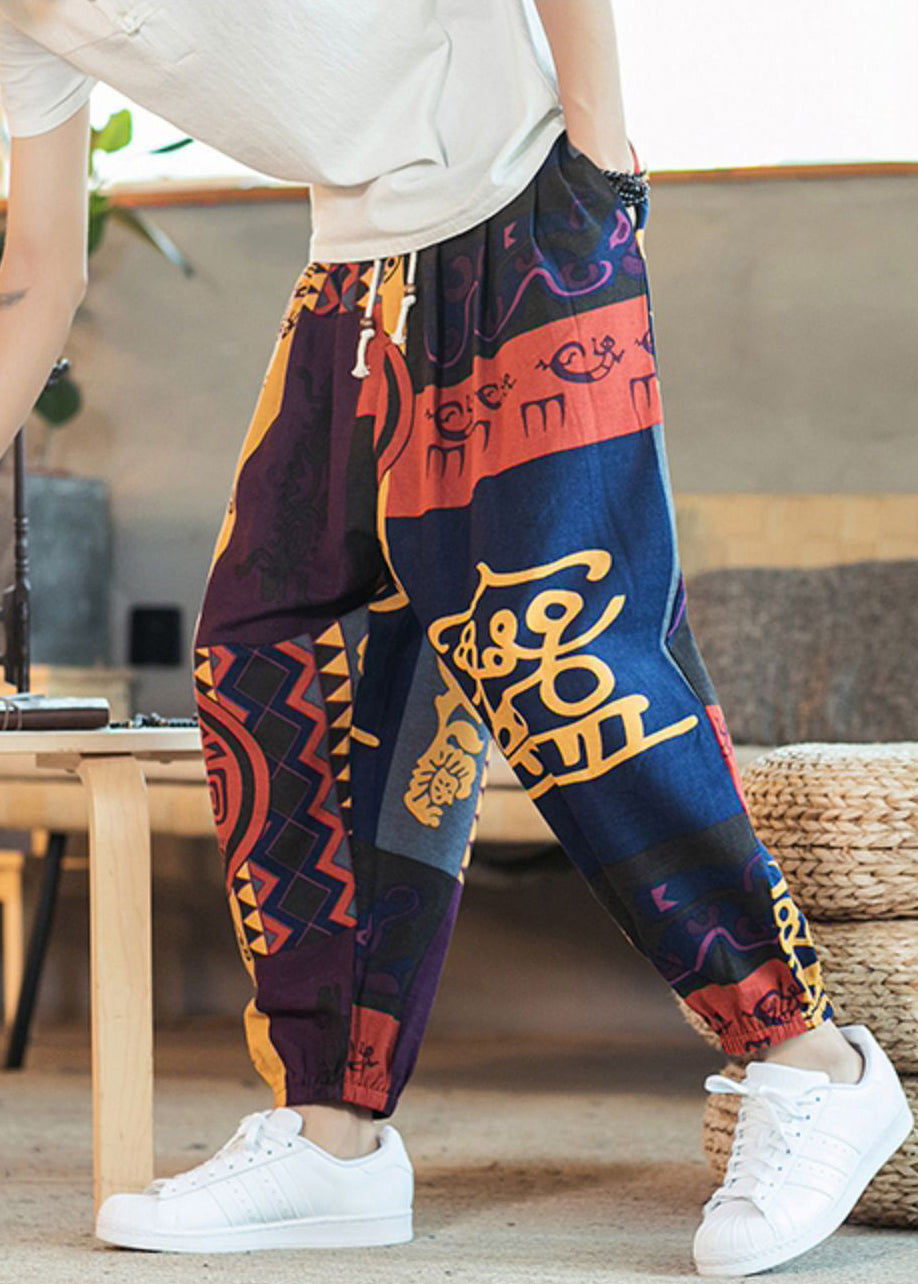 Unique Colorblock Print Lace Up Elastic Waist Cotton Beam Pants Summer