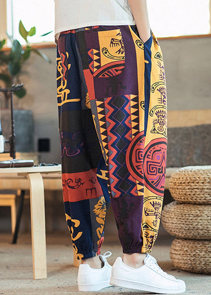 Unique Colorblock Print Lace Up Elastic Waist Cotton Beam Pants Summer