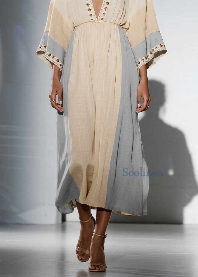 Unique Colorblock V Neck Patchwork Cotton Dress Summer