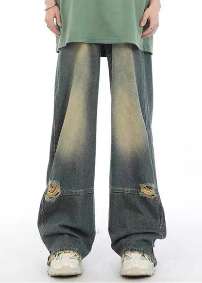 Unique Denim Blue Pockets Patchwork Hole Pants