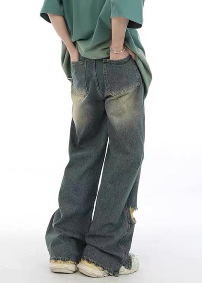 Unique Denim Blue Pockets Patchwork Hole Pants