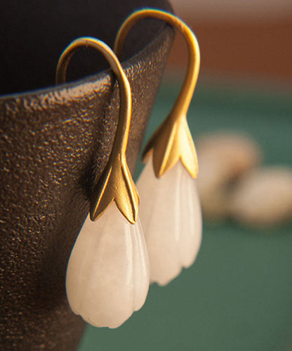 Unique Gold Sterling Silver Inlaid White Jade Drop Earrings Tw1024
