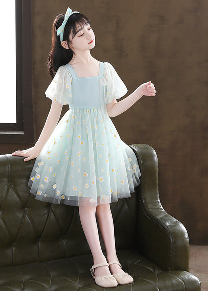 Unique Green Embroideried Patchwork Wrinkled Tulle Mid Dress Summer