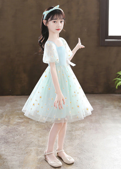 Unique Green Embroideried Patchwork Wrinkled Tulle Mid Dress Summer