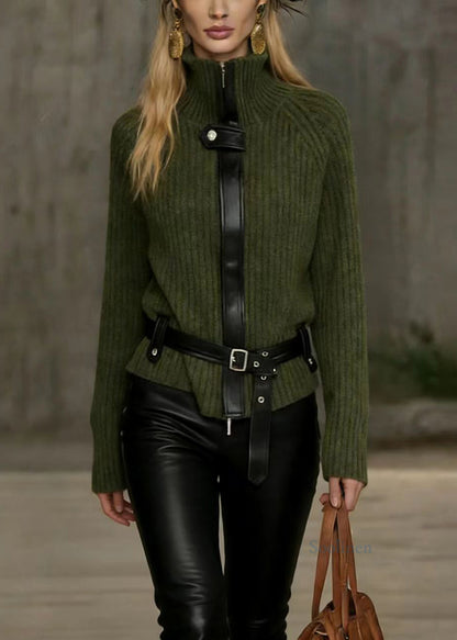 Unique Green Hign Neck Patchwork Knit Sweater Top Spring