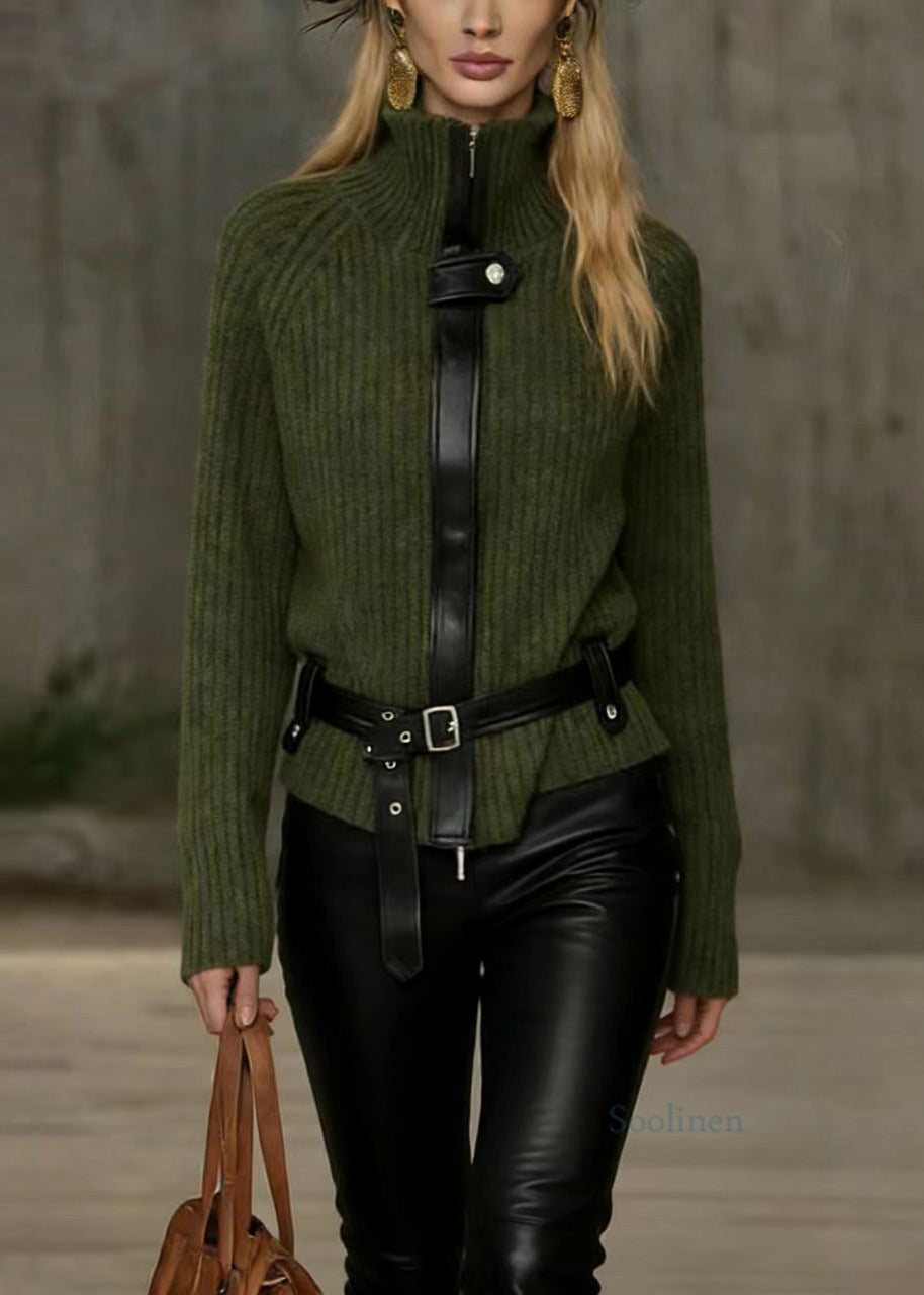 Unique Green Hign Neck Patchwork Knit Sweater Top Spring