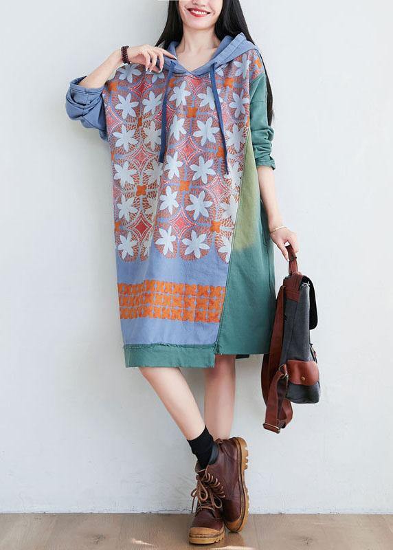 Unique Green Hooded Asymmetrical Design Patchwork Print Fall Pullover Dress