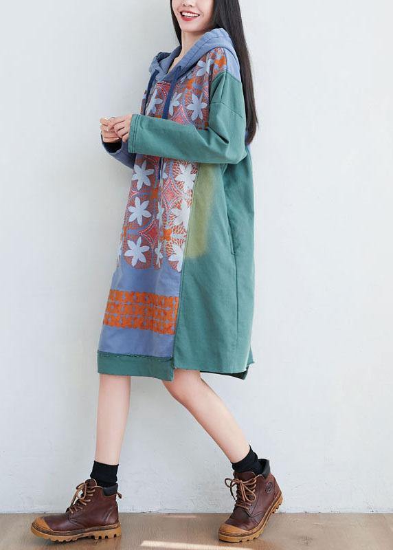 Unique Green Hooded Asymmetrical Design Patchwork Print Fall Pullover Dress