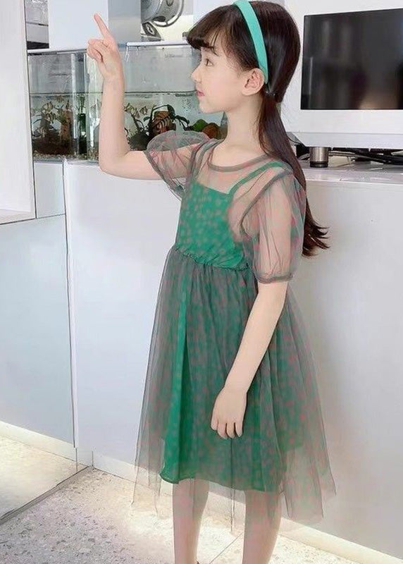 Unique Green O-neck Dot Patchwork Tulle Long Dress Summer