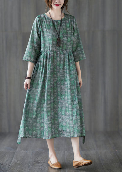 Unique Green O-neck Patchwork Print Fall Maxi Dresses Half Sleeve