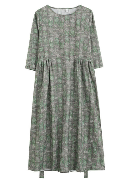 Unique Green O-neck Patchwork Print Fall Maxi Dresses Half Sleeve