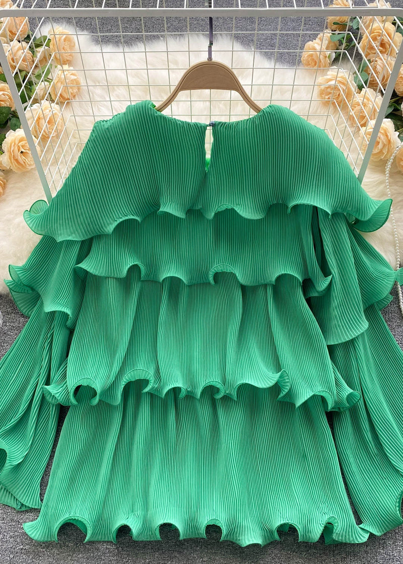 Unique Green O-neck Ruffled Patchwork Chiffon Top Long Sleeve
