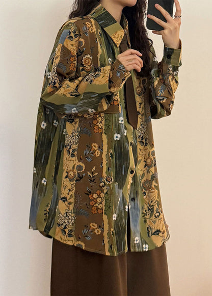 Unique Green Peter Pan Collar Print Button Blouses Spring