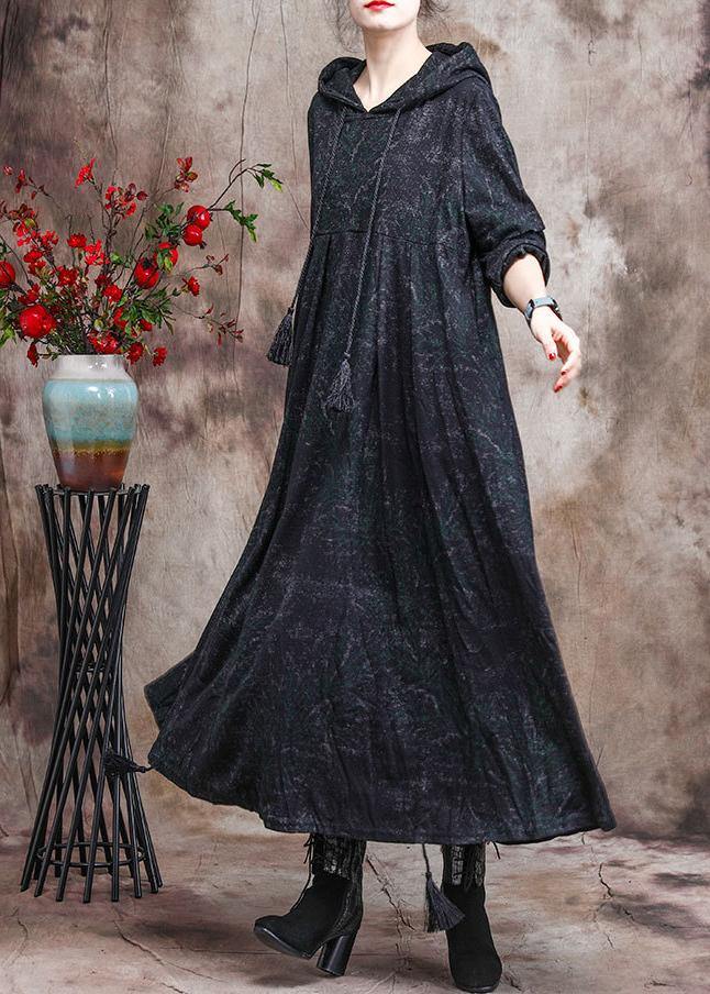 Unique Dark Green Print Outfit Hoodie Dress Asymmetric Maxi Dress