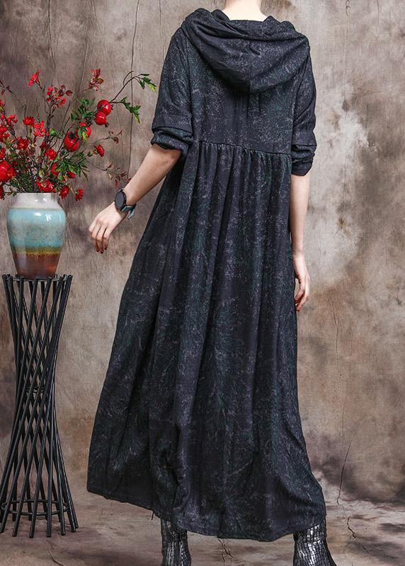 Unique Dark Green Print Outfit Hoodie Dress Asymmetric Maxi Dress