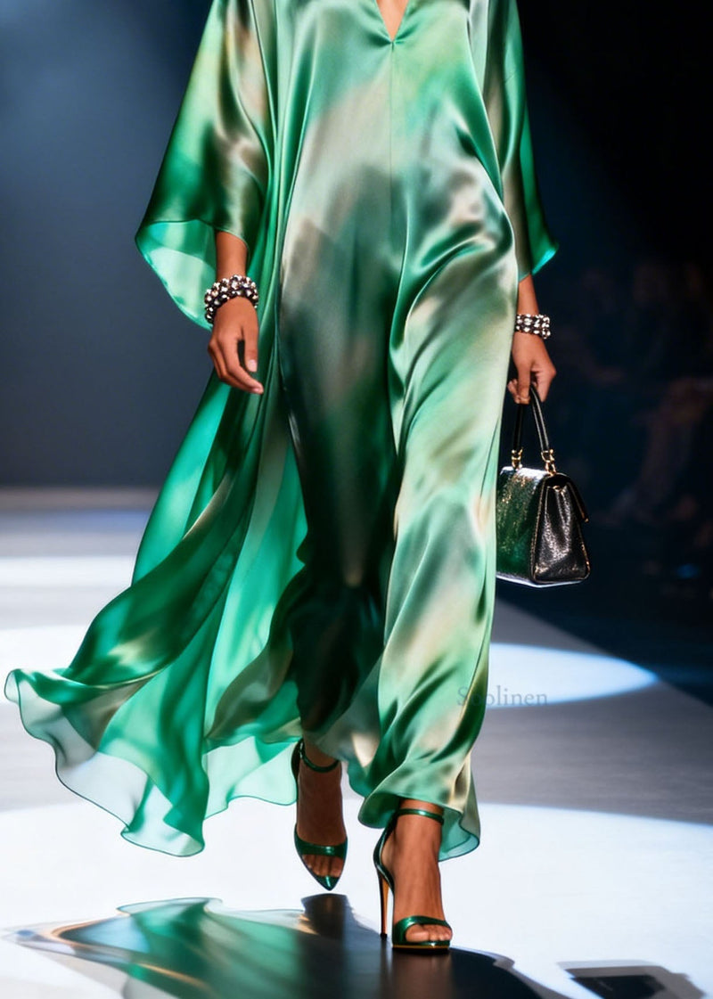 Unique Green V Neck Chiffon Long Dress Summer