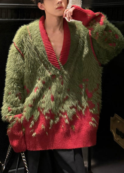 Unique Green V Neck Cozy Patchwork Mink Hair Knitted Sweater Winter
