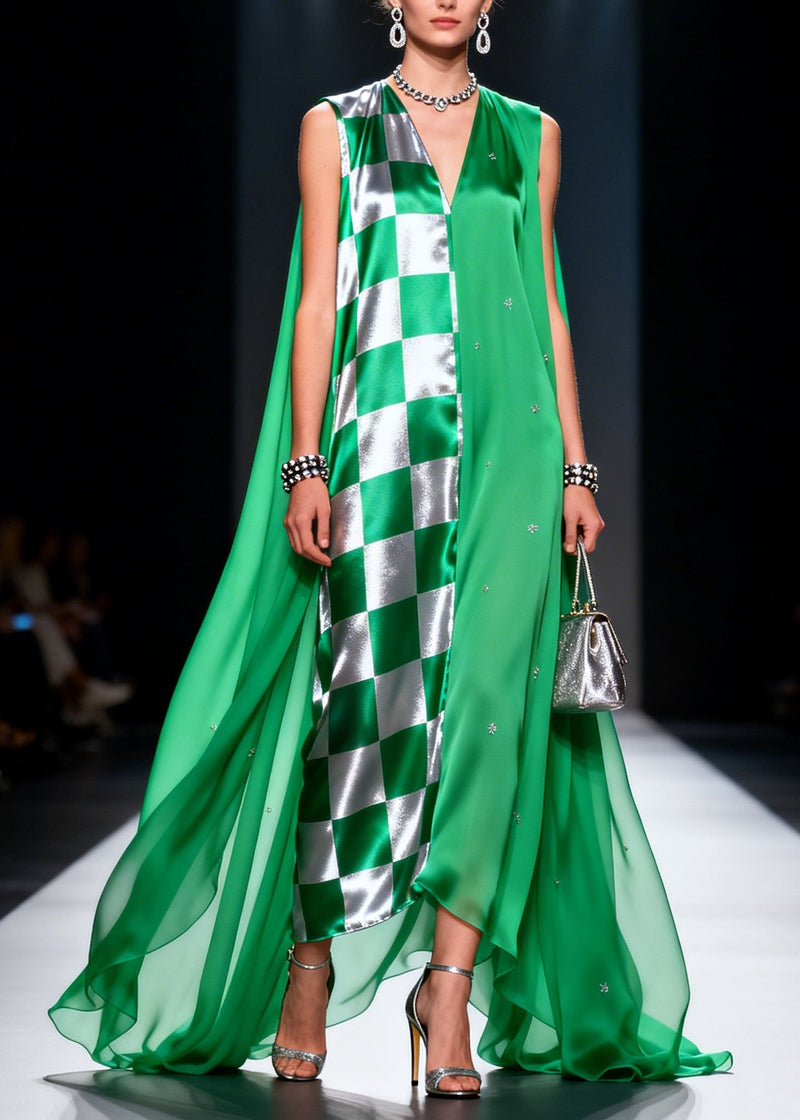 Unique Green V Neck Patchwork Chiffon Long Dress Summer