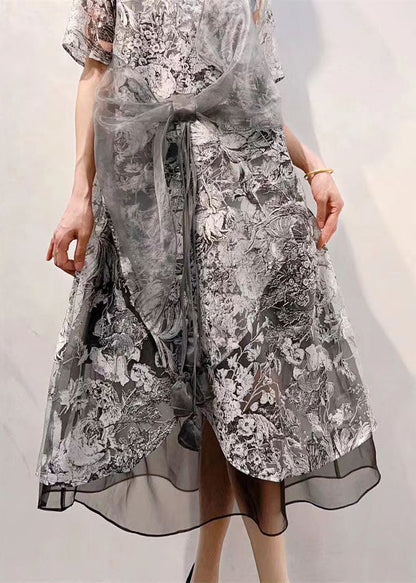 Unique Grey Bow Embroideried Patchwork Tulle Dress Summer