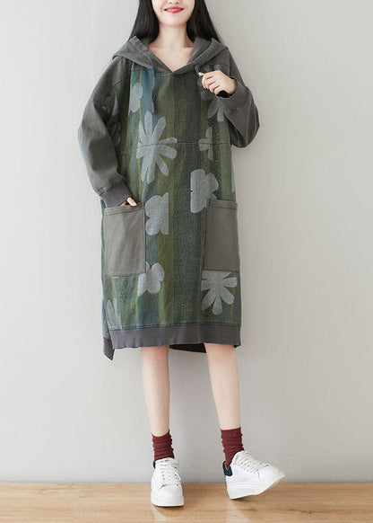 Unique Grey Hooded Pockets Patchwork Print Fall Sweatshirt Dress