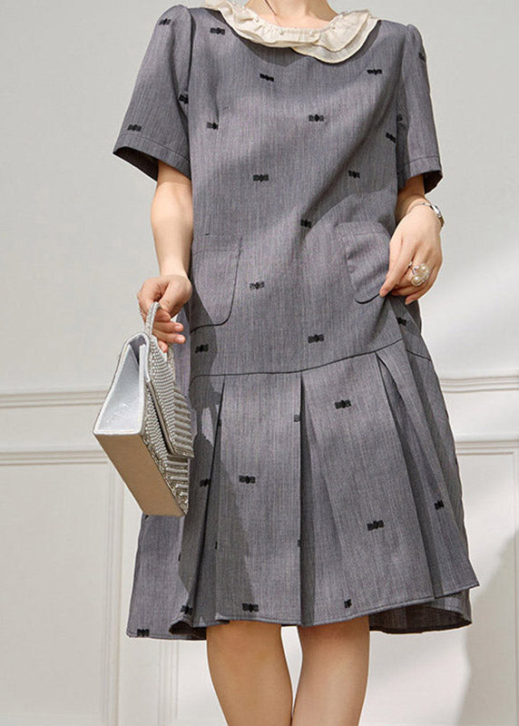 Unique Grey O-neck Embroidered Pockets Maxi Dress Short Sleeve