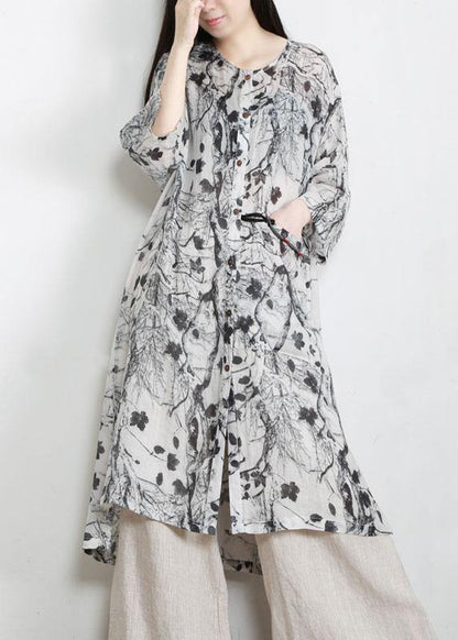 Unique Grey Print Patchwork Asymmetrical Design Ramie Top Fall
