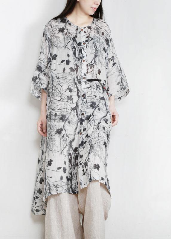Unique Grey Print Patchwork Asymmetrical Design Ramie Top Fall