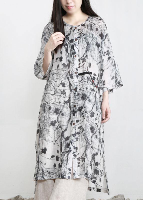 Unique Grey Print Patchwork Asymmetrical Design Ramie Top Fall