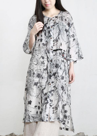 Unique Grey Print Patchwork Asymmetrical Design Ramie Top Fall