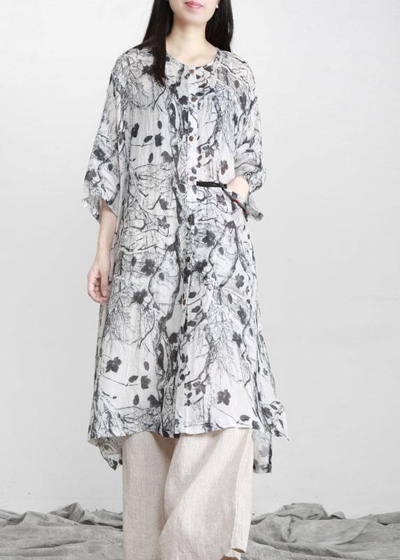 Unique Grey Print Patchwork Asymmetrical Design Ramie Top Fall