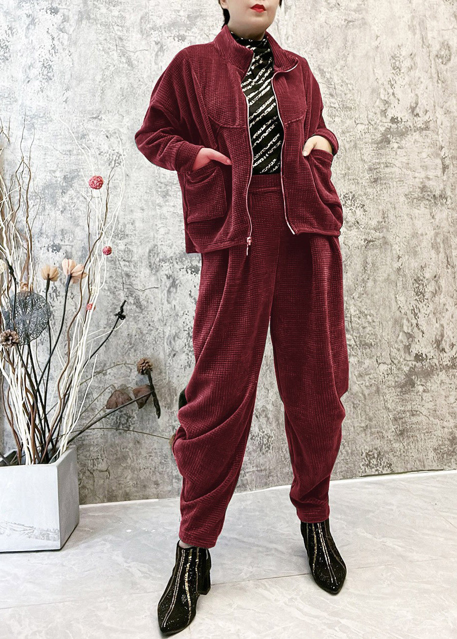 Unique Grey Stand Collar Zippered Thick Corduroy Coats and Pants Corduroy Two Piece Set Winter