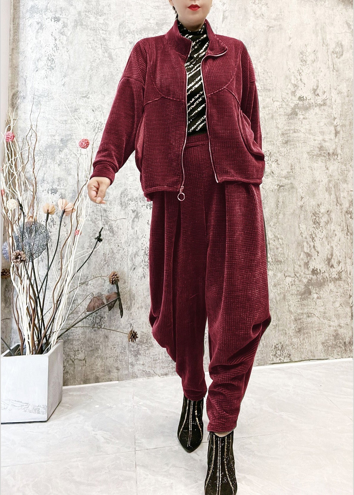 Unique Grey Stand Collar Zippered Thick Corduroy Coats and Pants Corduroy Two Piece Set Winter