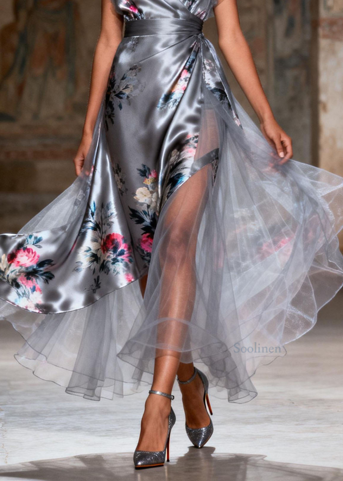 Unique Grey V Neck Print Patchwork Silk Dress Summer