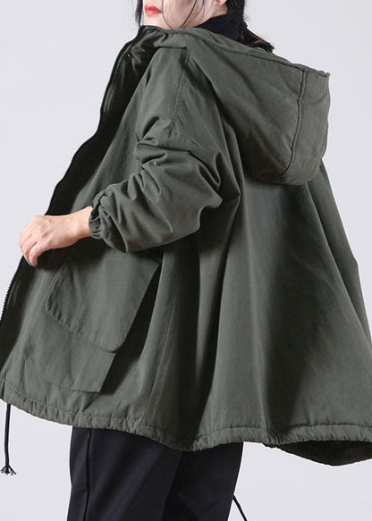Unique Khaki Hooded Drawstring Warm Fleece Jacket in Winter Winter