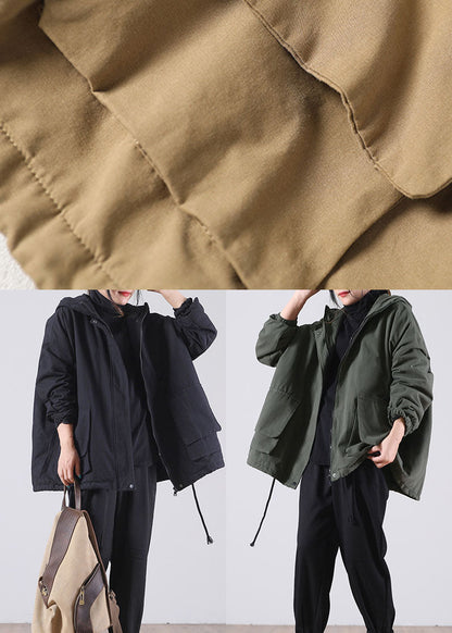 Unique Khaki Hooded Drawstring Warm Fleece Jacket in Winter Winter