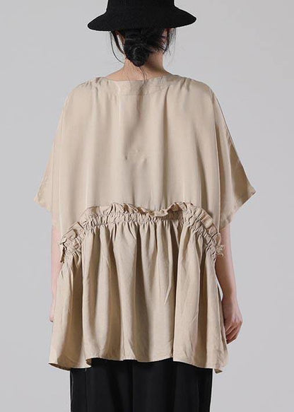 Unique Khaki O-neck Cotton Loose Top Summer