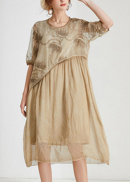 Unique Khaki O-neck Cozy Chiffon Maxi Dress Short Sleeve