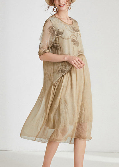 Unique Khaki O-neck Cozy Chiffon Maxi Dress Short Sleeve