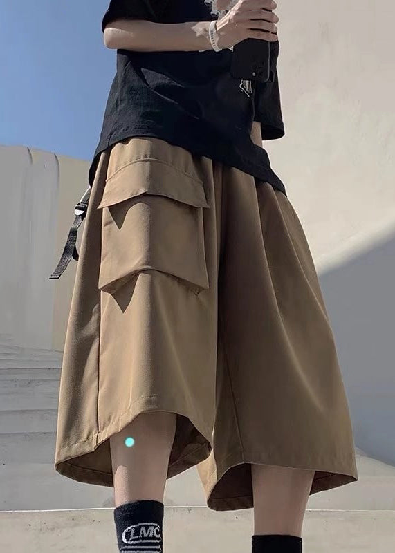 Unique Khaki Pockets Patchwork Elastic Waist Ice Silk Crop Pants