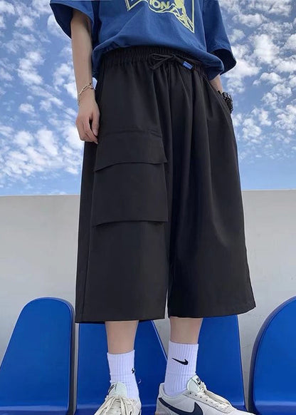 Unique Khaki Pockets Patchwork Elastic Waist Ice Silk Crop Pants