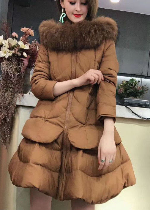 Unique Khaki Hooded Pockets Fox Collar Winter Duck Down Coat