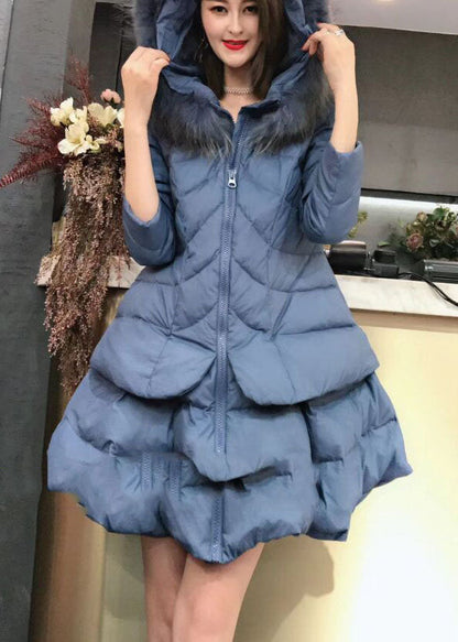 Unique Khaki Hooded Pockets Fox Collar Winter Duck Down Coat