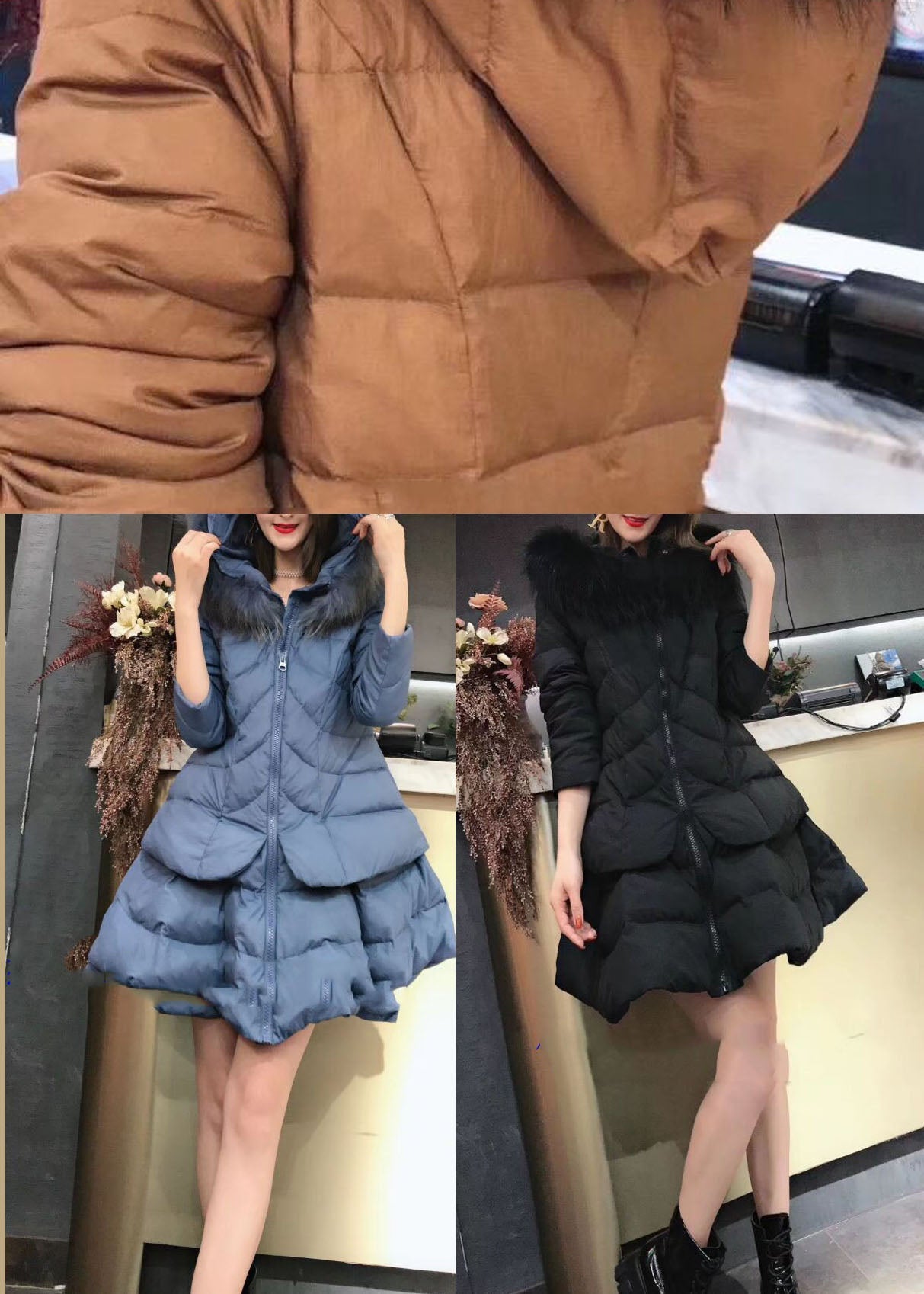 Unique Khaki Hooded Pockets Fox Collar Winter Duck Down Coat