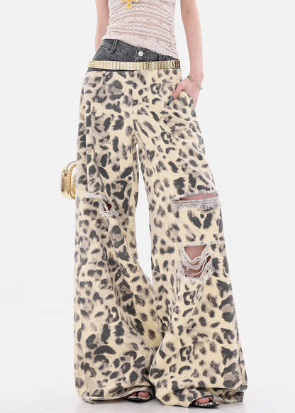Unique Leopard Hole Patchwork Denim Wide Leg Pants Summer