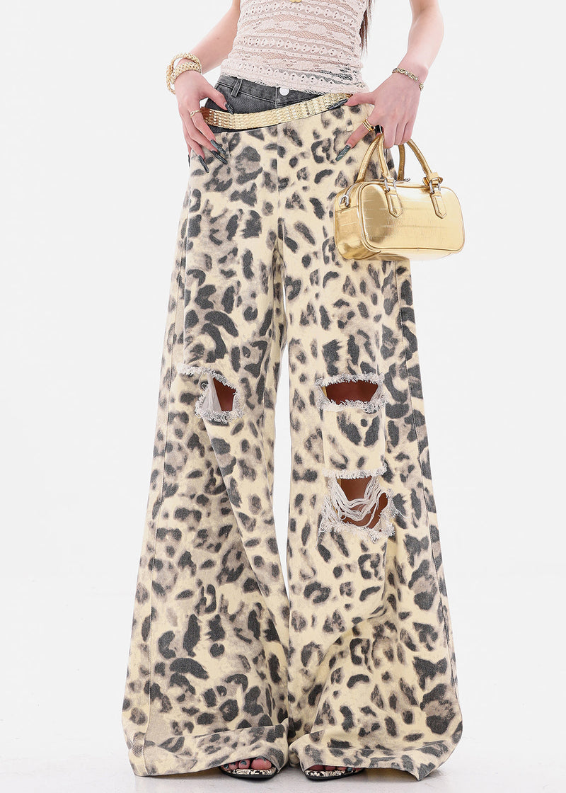 Unique Leopard Hole Patchwork Denim Wide Leg Pants Summer