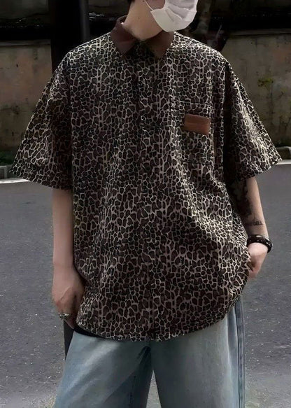 Unique Leopard Pockets Corduroy Patchwork Shirts Half Sleeve